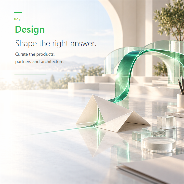 Design — a green glass ribbon flowing through sculptural architectural forms