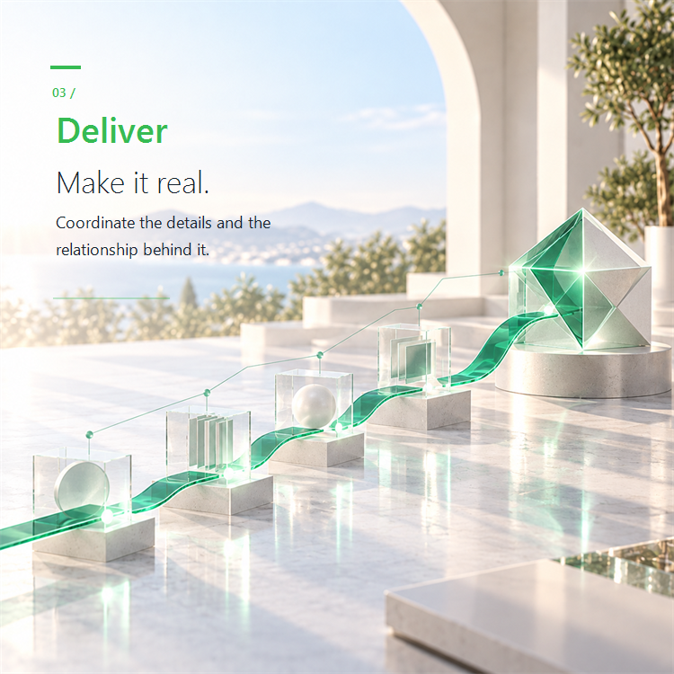Deliver — a green glass path connecting stepped crystal forms to a faceted prism